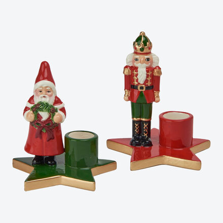 Produktbild fr 'Liebenswertes Kerzenhalter-Set Nussknacker und Weihnachtsmann, Kerzenstnder, Kerzenleuchter, Stabkerze'